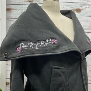 RTB Real Tough Babe Grey Fleece Jacket Coat Asymmetrical Embroidered Custom MED